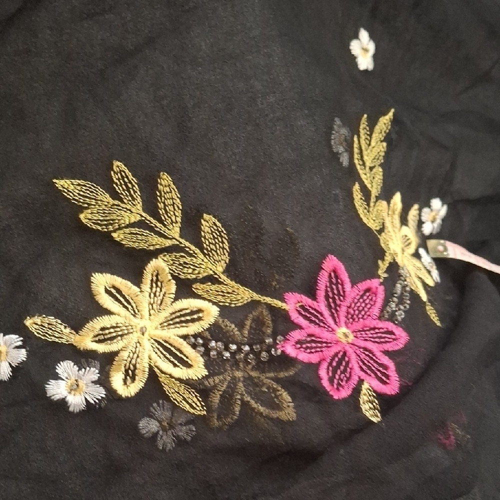 New.SilkLand Black Sheer Blouse with Multicolor Floral Embroidery Size M - Picture 11 of 12